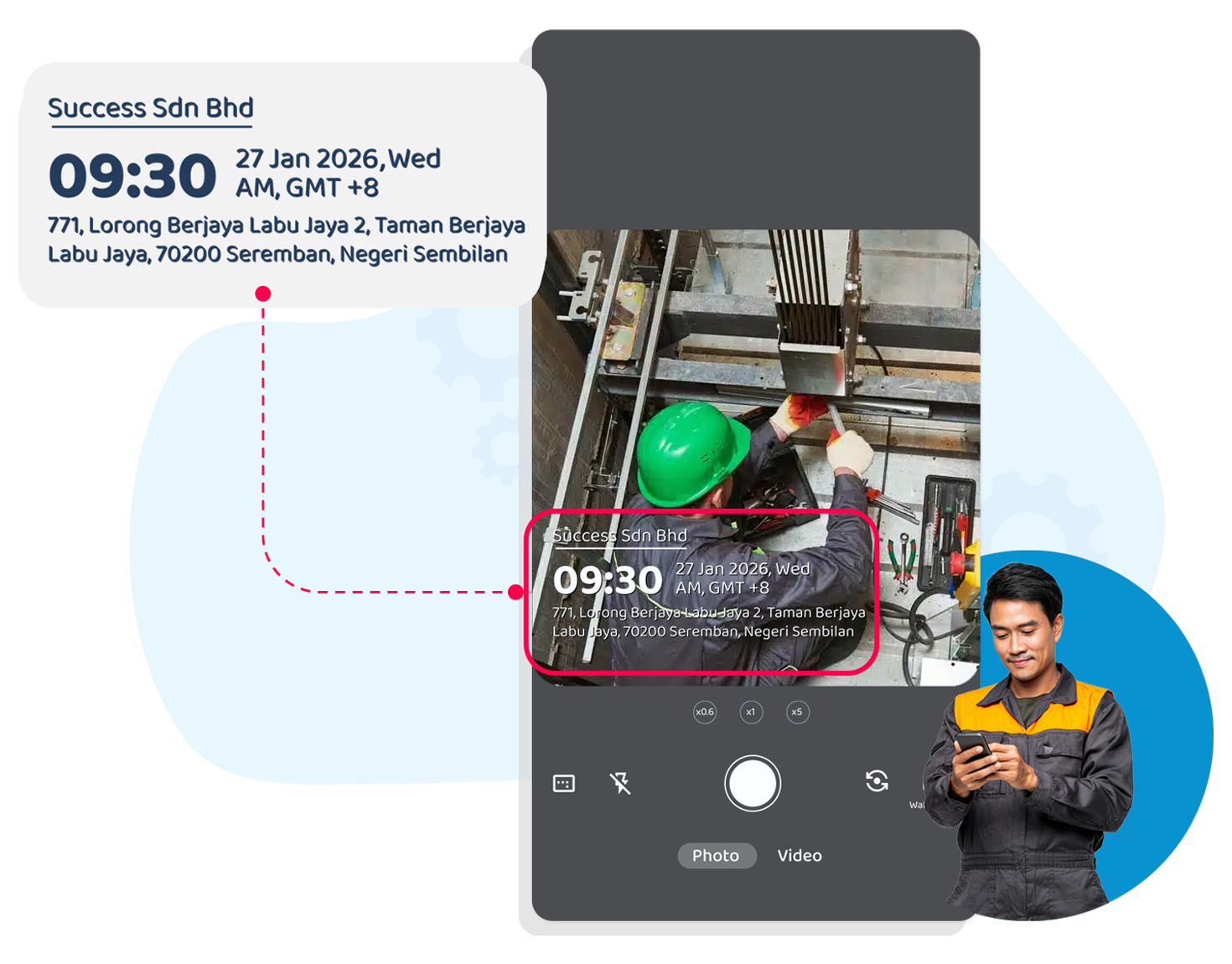 Visual showing a Caction work stamp captured directly from the field, including timestamps, locations, photos, and completion status. The visual highlights how every action is recorded as it happens, creating a reliable and transparent work record. These verified updates build credibility with customers and management by providing clear proof of work done. With accurate, real-time documentation, organisations can reduce disputes, improve accountability, and strengthen trust across operations and service delivery.