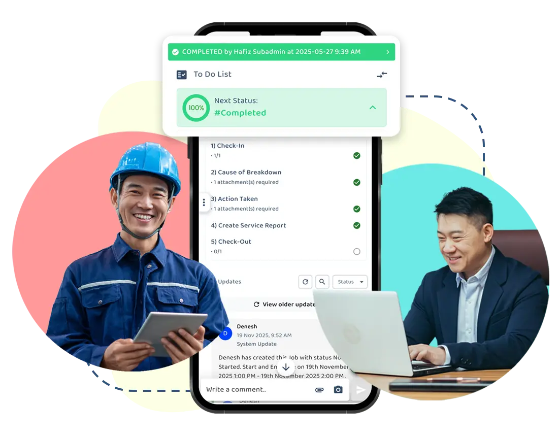 This image shows a technician using Caction’s CMMS to complete maintenance work on site through a structured digital workflow. Maintenance steps, from inspections to corrective actions, are guided by clear checklists, with photos and updates captured as work is done. Each update is automatically recorded under the job and linked to the asset, building a reliable maintenance history without extra reporting. Managers gain confidence that maintenance standards are followed consistently, while technicians work with clear guidance that reduces missed steps. By standardising maintenance workflows and capturing records in real time, Caction’s CMMS helps teams maintain quality, strengthen accountability, and keep assets performing reliably over time.