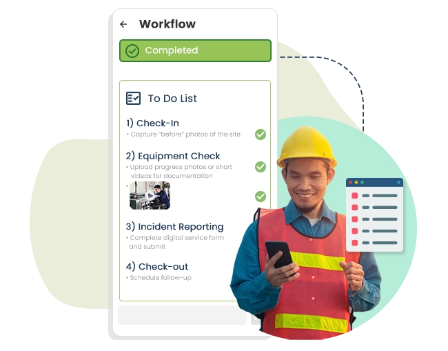 Illustration showing how digital workflows support consistent service execution. The scenario reflects how technicians complete service tasks using guided digital checklists, with steps such as inspections and follow-ups captured as work happens. Photos and updates are recorded alongside the job, creating a clear service record without relying on manual reporting. By connecting field activity with customer and job context, Caction supports consistent execution, clearer accountability, and better visibility for managers—helping service teams deliver reliable outcomes as operations scale.