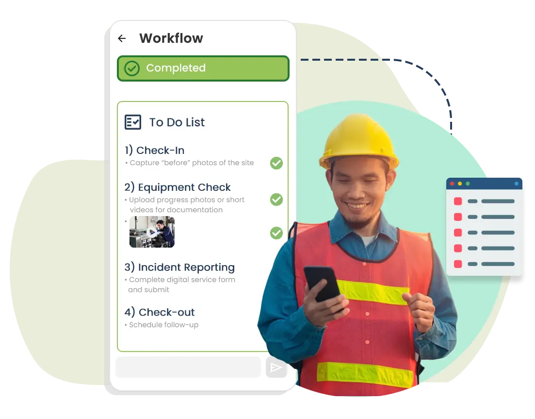 Illustration showing how digital workflows support consistent service execution. The scenario reflects how technicians complete service tasks using guided digital checklists, with steps such as inspections and follow-ups captured as work happens. Photos and updates are recorded alongside the job, creating a clear service record without relying on manual reporting. By connecting field activity with customer and job context, Caction supports consistent execution, clearer accountability, and better visibility for managers—helping service teams deliver reliable outcomes as operations scale.