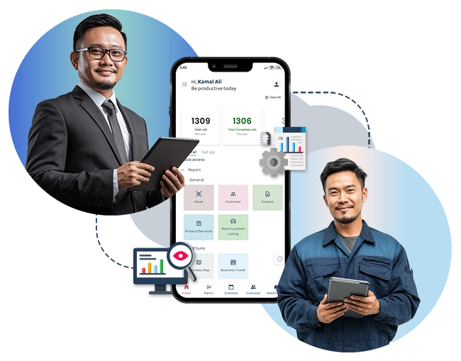 Illustration showing Caction’s integrated CRM and field service management system in action. The image features an operations executive, technician, and sales manager communicating through a live chat interface about an elevator repair. It demonstrates how Caction unifies CRM, job management, and operations tracking—enabling teams to manage customer relationships, track service progress, and collaborate in real time. Designed for field service, maintenance, and facilities management companies, the system improves visibility, accountability, and customer satisfaction through centralized communication, CRM insights, and job analytics within one all-in-one operations management platform.