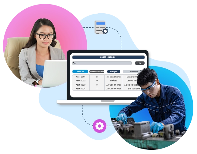  Illustration of Caction’s asset management and CRM system showing an asset history dashboard that tracks breakdown frequency, equipment type, and customer details. The screen displays real-time data for air conditioners, lifts, and HVAC units, helping maintenance teams and service managers monitor asset performance, service history, and customer accounts efficiently. A technician is seen performing equipment maintenance, representing seamless integration between field operations and digital records. Caction’s field service and CRM platform enables companies to reduce downtime, improve preventive maintenance, and deliver better customer service through data-driven asset tracking and operational visibility.