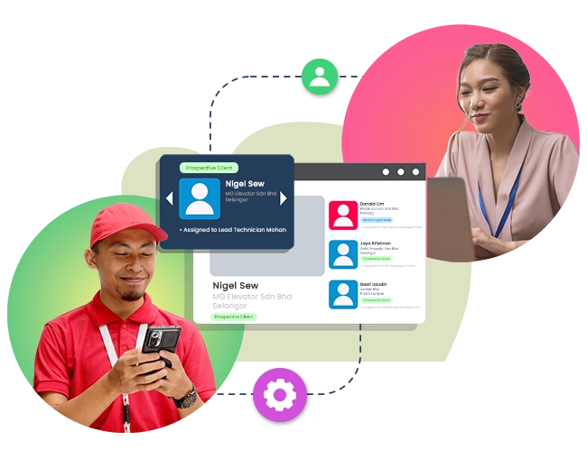 Illustration of Caction’s CRM and customer management system showing a digital interface for managing prospective clients and account assignments. The screen lists multiple clients with contact details, relationship stages, and technician or manager assignments. Employees are seen collaborating on laptops and mobile devices, demonstrating seamless coordination between sales, operations, and field teams. Caction’s all-in-one CRM and field service platform helps companies track leads, manage client relationships, and assign service personnel efficiently. Ideal for B2B service providers, it improves visibility, accountability, and customer satisfaction through centralized data, real-time updates, and automated workflow management.