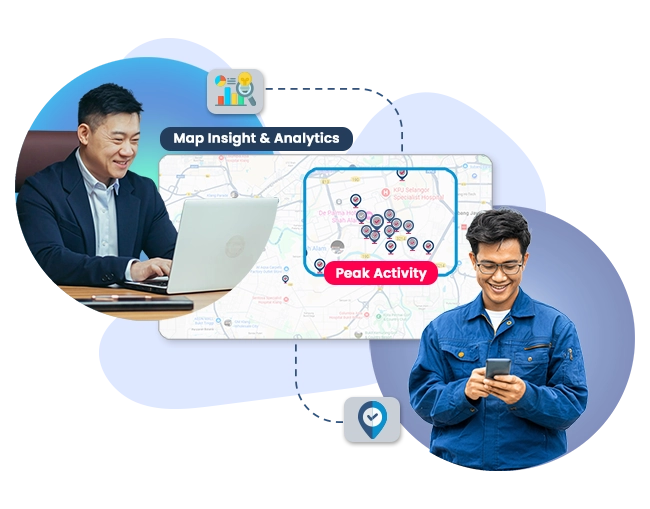 Visual showing Caction’s CRM and field service management software with map insights and analytics. The interface highlights peak activity zones on a live map, helping managers monitor team locations, job density, and customer requests in real time. Executives, field technicians, and operations staff are connected through Caction’s unified CRM, job tracking, and analytics system, which turns location data into actionable business intelligence. Designed for service and maintenance industries, the platform enhances customer relationship management, performance visibility, and operational decision-making, empowering teams to plan smarter, allocate resources efficiently, and improve customer response times.