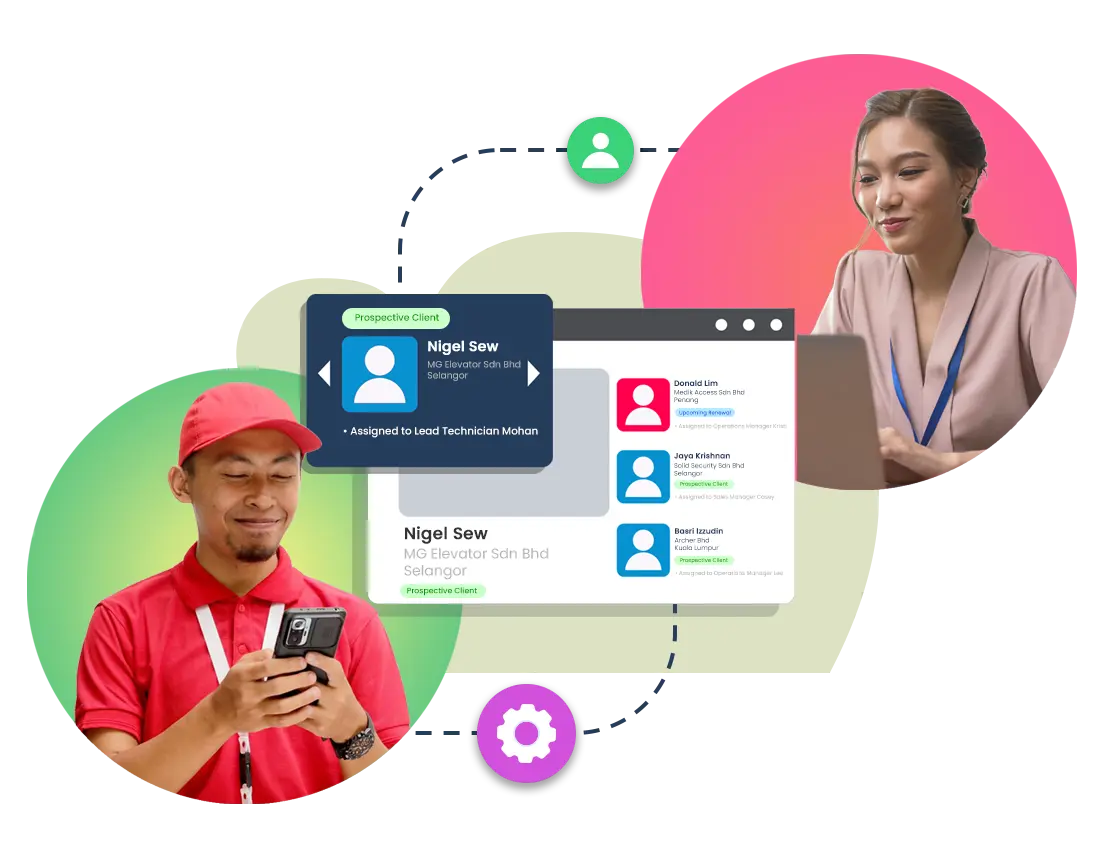Illustration of Caction’s CRM and customer management system showing a digital interface for managing prospective clients and account assignments. The screen lists multiple clients with contact details, relationship stages, and technician or manager assignments. Employees are seen collaborating on laptops and mobile devices, demonstrating seamless coordination between sales, operations, and field teams. Caction’s all-in-one CRM and field service platform helps companies track leads, manage client relationships, and assign service personnel efficiently. Ideal for B2B service providers, it improves visibility, accountability, and customer satisfaction through centralized data, real-time updates, and automated workflow management.