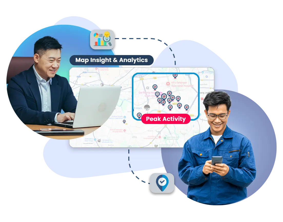 Visual showing Caction’s CRM and field service management software with map insights and analytics. The interface highlights peak activity zones on a live map, helping managers monitor team locations, job density, and customer requests in real time. Executives, field technicians, and operations staff are connected through Caction’s unified CRM, job tracking, and analytics system, which turns location data into actionable business intelligence. Designed for service and maintenance industries, the platform enhances customer relationship management, performance visibility, and operational decision-making, empowering teams to plan smarter, allocate resources efficiently, and improve customer response times.