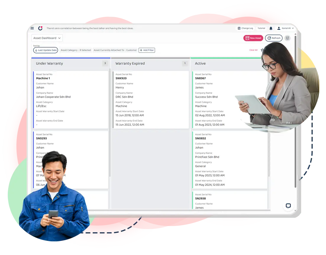 This image shows how Caction connects field technicians, operations teams, and inventory staff through real-time service and stock data. When a technician records parts used during a service job — such as replacing a compressor — inventory levels are updated automatically, and the job record reflects the change immediately. Operations teams gain visibility into parts usage and stock movement without manual reconciliation, while managers can review trends and exceptions through live reports. This shared view helps teams avoid shortages, reduce errors, and plan replenishment more accurately. By linking field activity directly to inventory records, Caction enables service organisations to keep work moving smoothly, minimise downtime, and coordinate effectively across sites and teams.