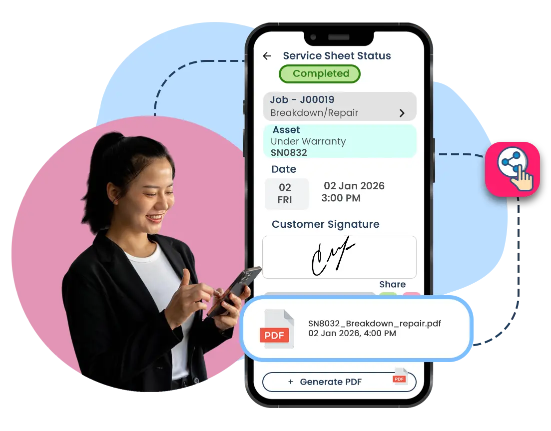 This image shows how Caction helps field service teams close jobs smoothly using a fully digital service sheet. All service details — including job reference, asset information, warranty status, actions taken, and customer acknowledgment — are captured in one structured record. Once a job is completed, technicians can generate a service report instantly, share it digitally, and record customer confirmation or feedback without additional paperwork. The completed record stays linked to the job, creating a clear and traceable service history for future reference. By digitising service sheets and job closure, Caction helps teams reduce manual errors, speed up reporting, and maintain accountability across every maintenance and repair task — while keeping service delivery professional and consistent.