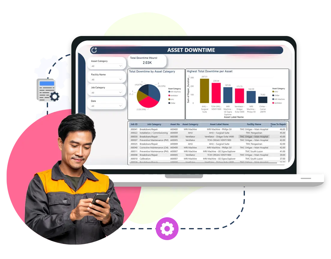 An illustration of a simple dashboard that brings asset information and timelines into one clear view. Service teams can quickly see which equipment needs attention and what’s coming up next, without digging through files or reports. By organising asset details and customer context together, the visual introduces how field service teams can stay informed, notice potential issues earlier, and plan work with greater confidence. It reflects a calmer, more predictable way to manage assets in everyday service operations.