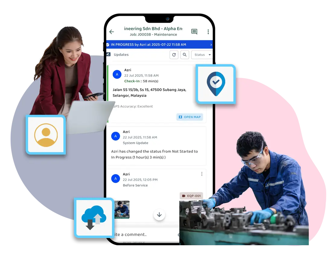An image illustrating field service teams staying informed through real-time updates during daily work. Technicians update job status, add notes, and share photos directly from the field as work progresses. Managers and coordinators can see changes as they happen, gaining a clearer picture of ongoing jobs without needing to call or message for updates. The visual introduces the idea of work staying visible while it is still in motion, helping teams stay aligned, reduce uncertainty, and respond more smoothly as situations change throughout the day.