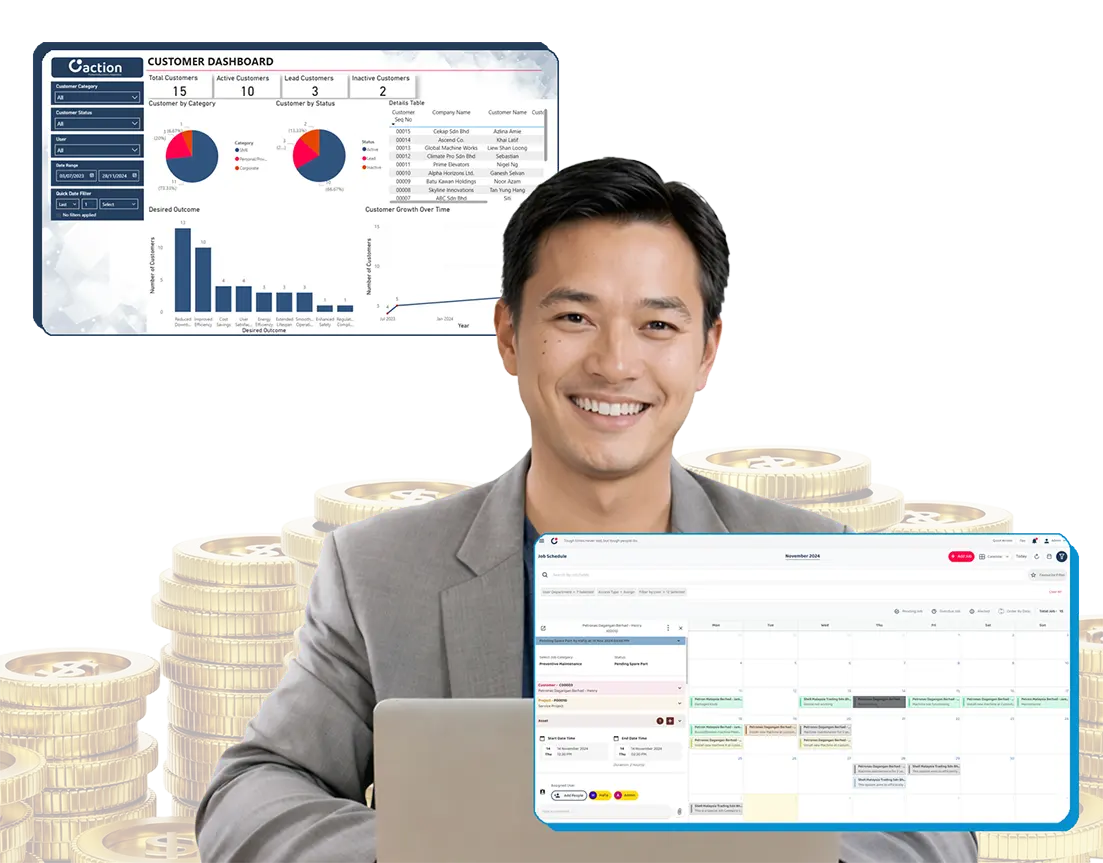 Person using Caction system with money coins in the back